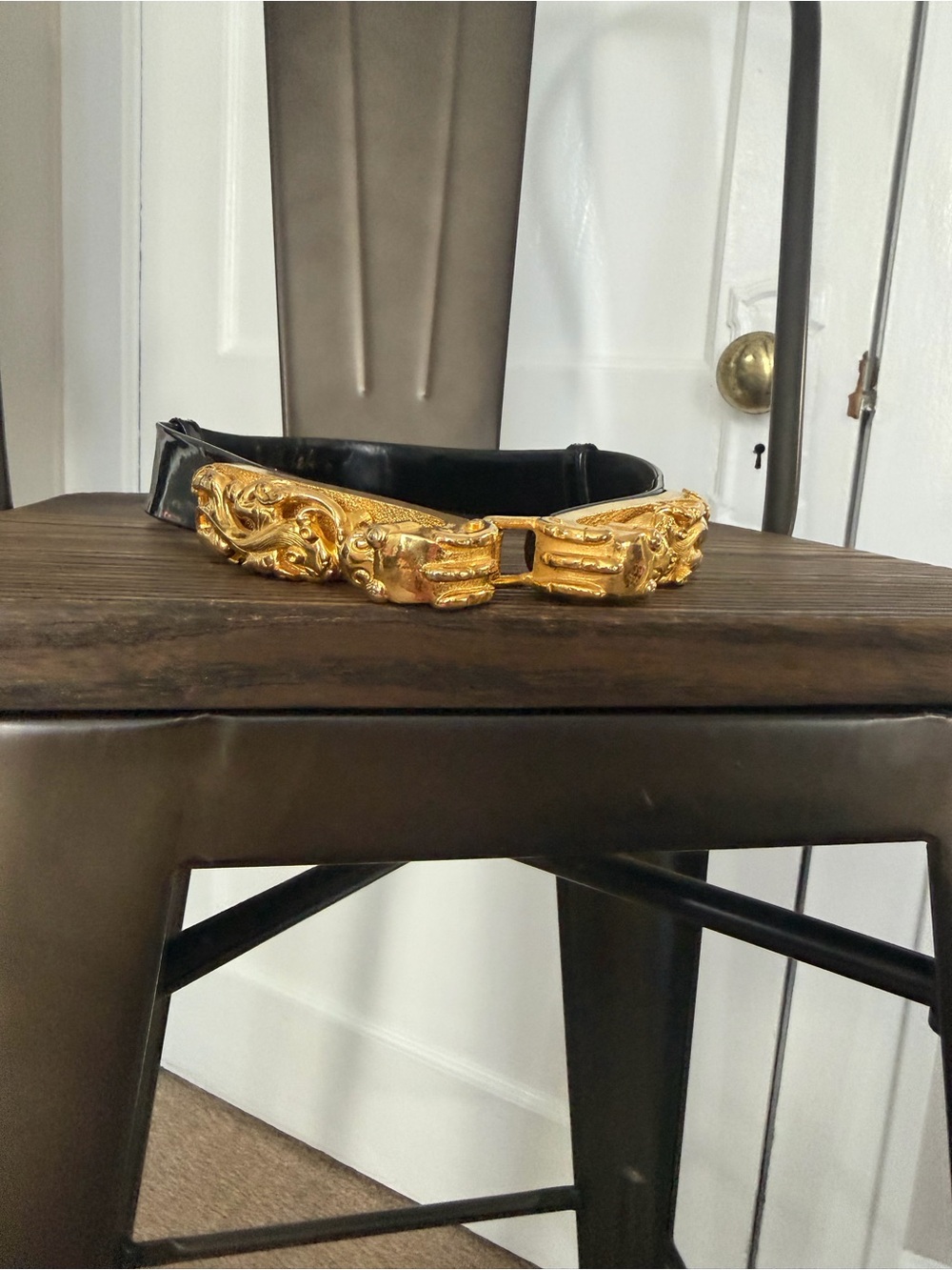 Judith Leiber Black Leather Belt with Gold Ornate Clasp